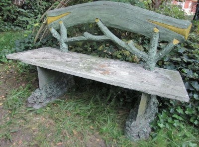 Antieke Franse cementen Faux Bois tuinbank, faux bois garden bench